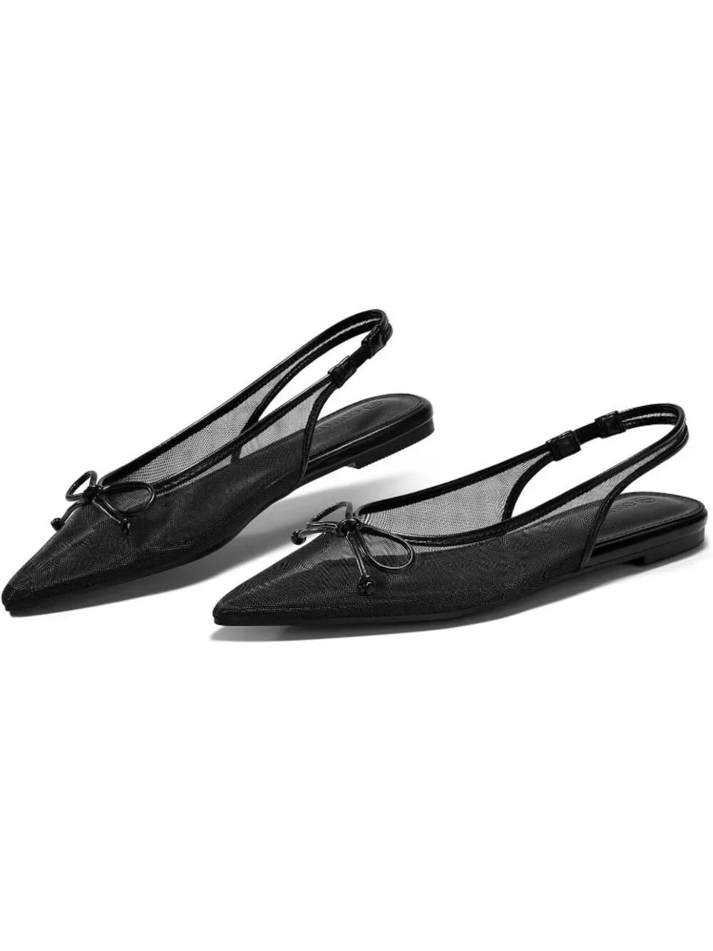 Women's Black Slingback Flats Bow Closed Pointed Toe Mesh Ballet Flats Low Heel